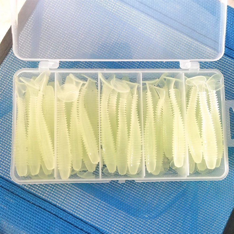 极速新品50条h/盒路亚夜光软饵软虫夜钓荧光诱饵鱼饵螺纹t尾铅头