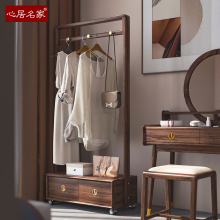 全实木衣帽架卧室乌金木挂衣架带轮可移动落地抽屉收纳置物新中式