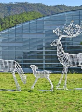 户外不锈钢梅花鹿雕塑售楼部草坪抽象动物铁艺镂空钢丝鹿装饰摆件