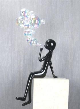 现代卡通软装吹泡泡人物创意雕塑玻璃钢新居乔迁客厅装修坐立摆件