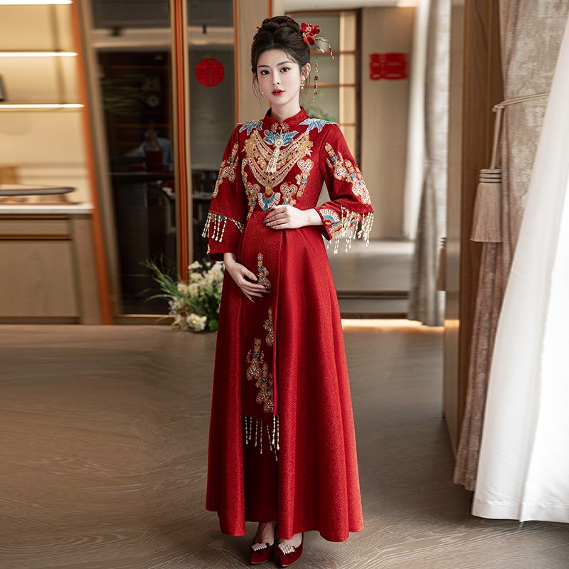 大码酒红色敬酒服新娘结婚秀禾服孕妇遮I肚中式订婚旗袍出阁宴礼