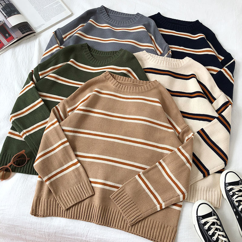 极速Vintage Stripe Sweaters Women LoosIe Oversize Korean Sty