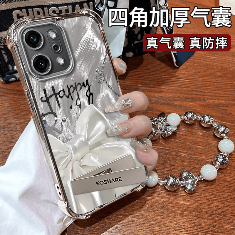 适用OPPOReno14手机壳新款创意丝绸蝴蝶结Reno4Pro电镀全包四角防摔保护套高颜值潮流女款网红带挂绳