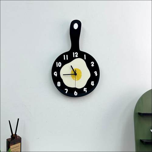 创意个性卡通铁锅煎蛋荷包蛋挂钟静音免打孔时尚钟表现代简约时钟