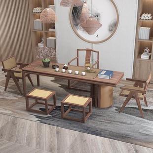 新中式 茶桌椅组合北美黑胡桃木家用长桌板凳可定制别墅茶室泡茶台