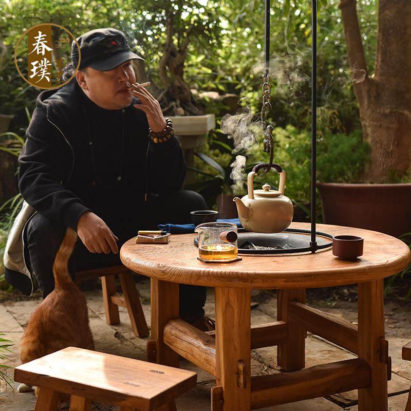 老榆木茶桌户外围炉煮茶桌火锅圆桌子庭院烧烤炭炉复古全实木茶台,住宅家具,茶几,淘宝优惠券,粉丝福利购,淘宝优惠卷
