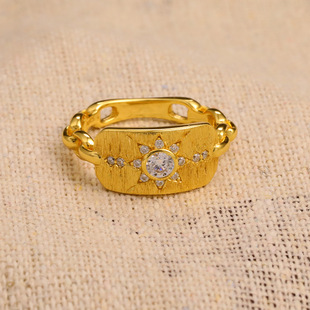 中古风星灿盾牌手工拉丝戒指新款法式复古太阳神六芒星钻戒女尾戒