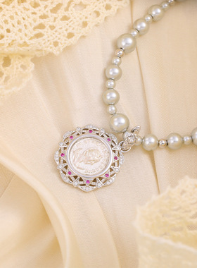 中古风纯银珍珠古币项链女2025年