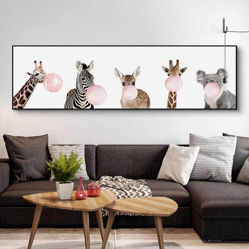 鳟鱼儿童房房间墙上墙面装饰画 北欧卡通动物长画 男孩横长条挂画