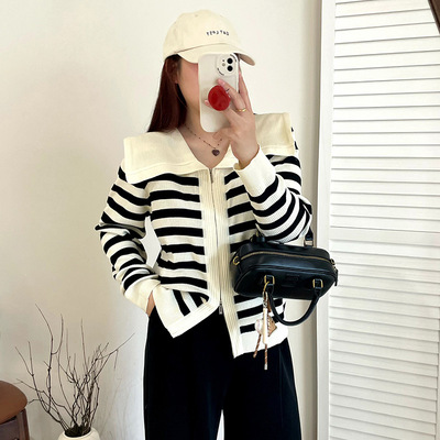 大码女装2025秋款海军领外套上衣胖妹妹条纹长袖针织开衫女21765