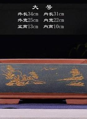 摆设中式花器精美四方窗台花盘z复古粗陶蓝色禅意陶瓷花盆长方形g