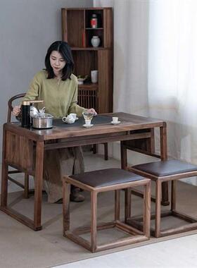 阳台组合茶桌新中式茶台烧水壶台黑胡桃实木火烧石一体茶室茶案