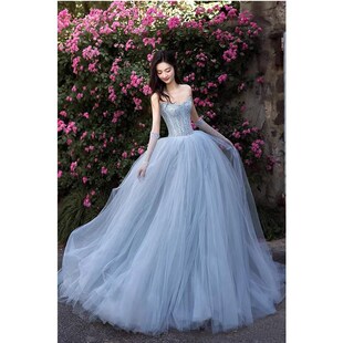 蓝色抹胸晚礼服超仙高端主持人学生日成人礼公主裙订婚敬酒服新娘