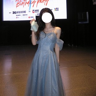 蓝色晚礼服女2025新款轻奢小众主持人学生艺考成人礼气质订婚礼服