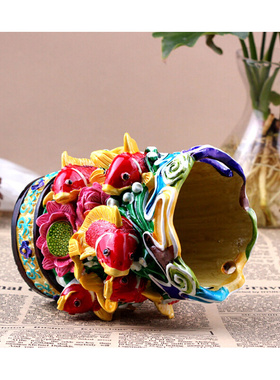 推 新款 交趾陶九鲤鱼缠莲笔筒摆件 家居装饰工艺品i.