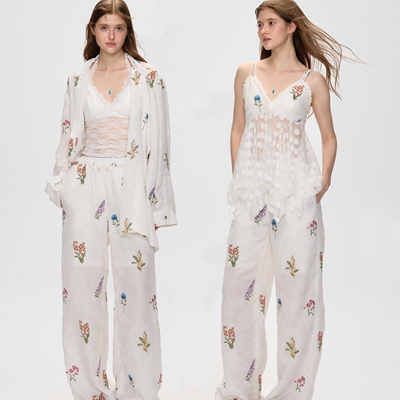 10AMsotiiiiired度假花朵绣花吊带上衣慵懒系衬衫长裤套装