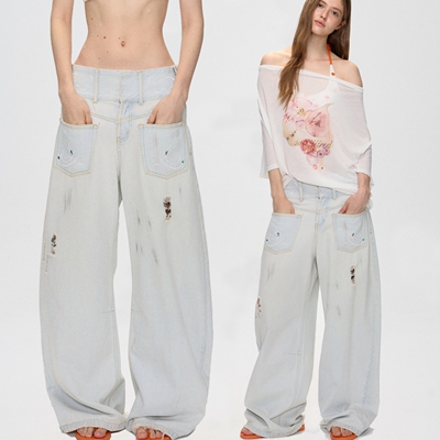 10AMsotiiiiired 冰川蓝海浪烫钻重工做旧弯刀牛仔裤宽松阔腿裤