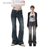 10AMsotiiiiired重工腰头柳钉牛仔裤 做旧水洗低腰黑色牛仔喇叭裤