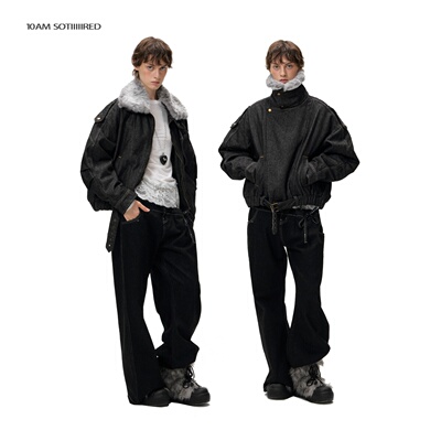 可拆卸毛领夹棉牛仔派克服外套