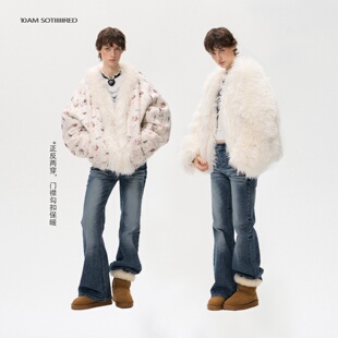 10AMsotiiiiired卡通白色双面穿环保皮草毛领冬季 保暖羊羔毛外套