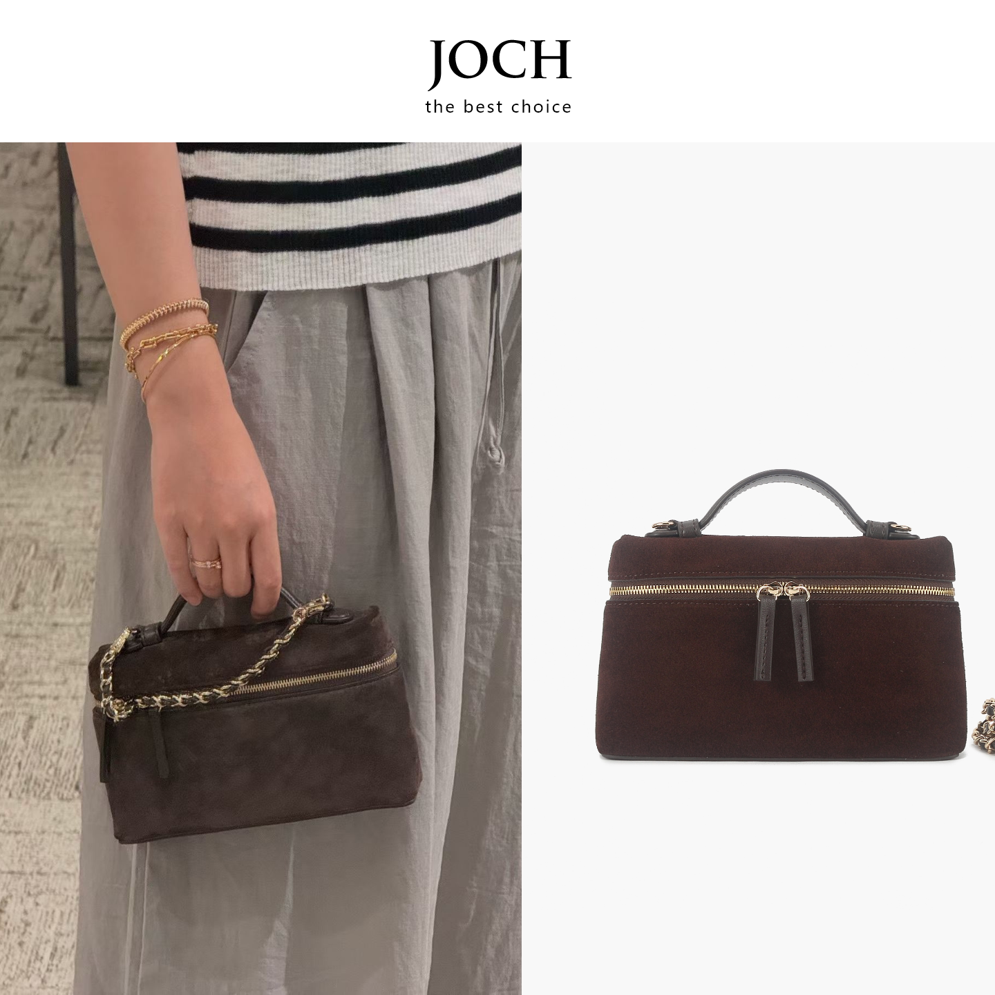JOCH新款复古棕麂皮横款手提包双拉链磨砂皮腋下包通勤手拿斜跨女