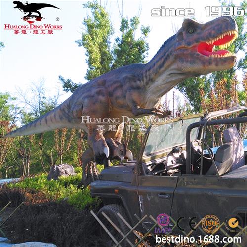 户外仿真恐龙模型仿真霸王龙脚踩吉普车大型机械电动恐龙摆件.