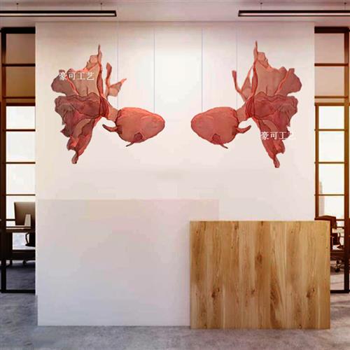 不锈钢抽象镂空网丝金鱼悬挂雕塑酒店商场会展大厅铁艺装饰品摆件