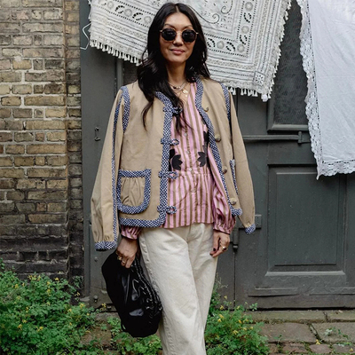 Sissel Edelbo法式复古波点刺绣撞色边宽松夹克外套短款口袋外套