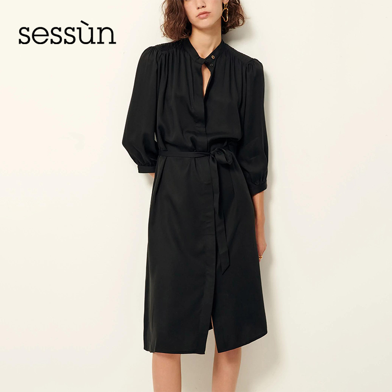 Sessun2024年春季新款长袖中长款黑色系带单排扣衬衫裙