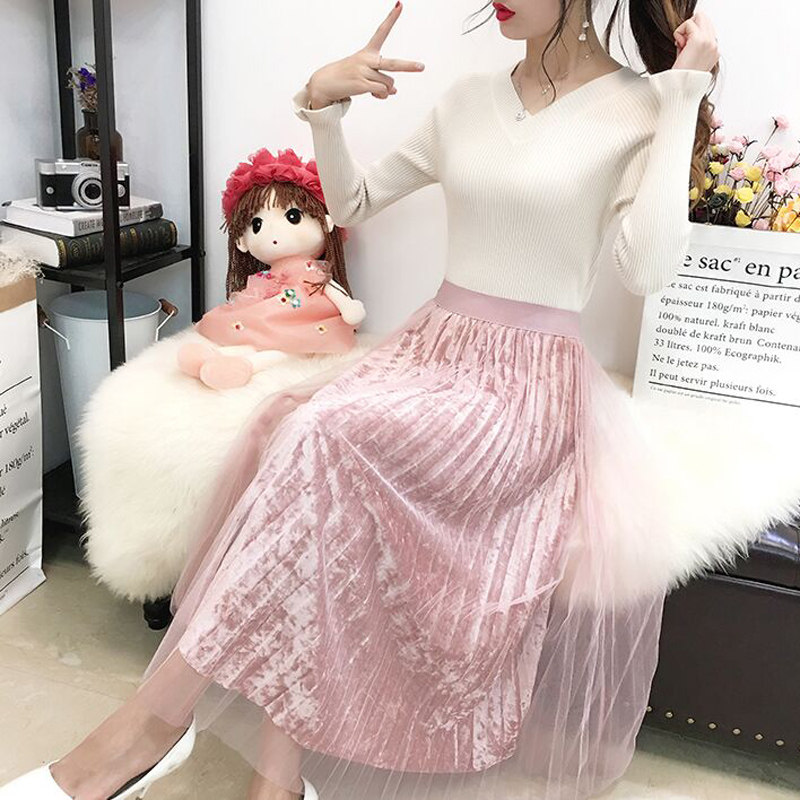 中長款百搭長裙金絲絨百褶裙2019韓版秋冬季拼接網紗裙半身裙潮在類目 女裝/女士精品, 半身裙中 - 來自Buy2taobao.com提供專業的淘寶代購服務