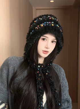 甜美女性秋冬平檐彩色糖豆套头帽