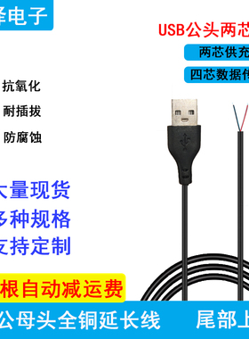 usb公头A头2芯1米电源线延长线直流电源2pin上锡DIY焊接纯铜充电