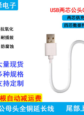 usb公头A头带线2芯0.5m电源线延长线直流电源2pin上锡DIY焊接纯铜