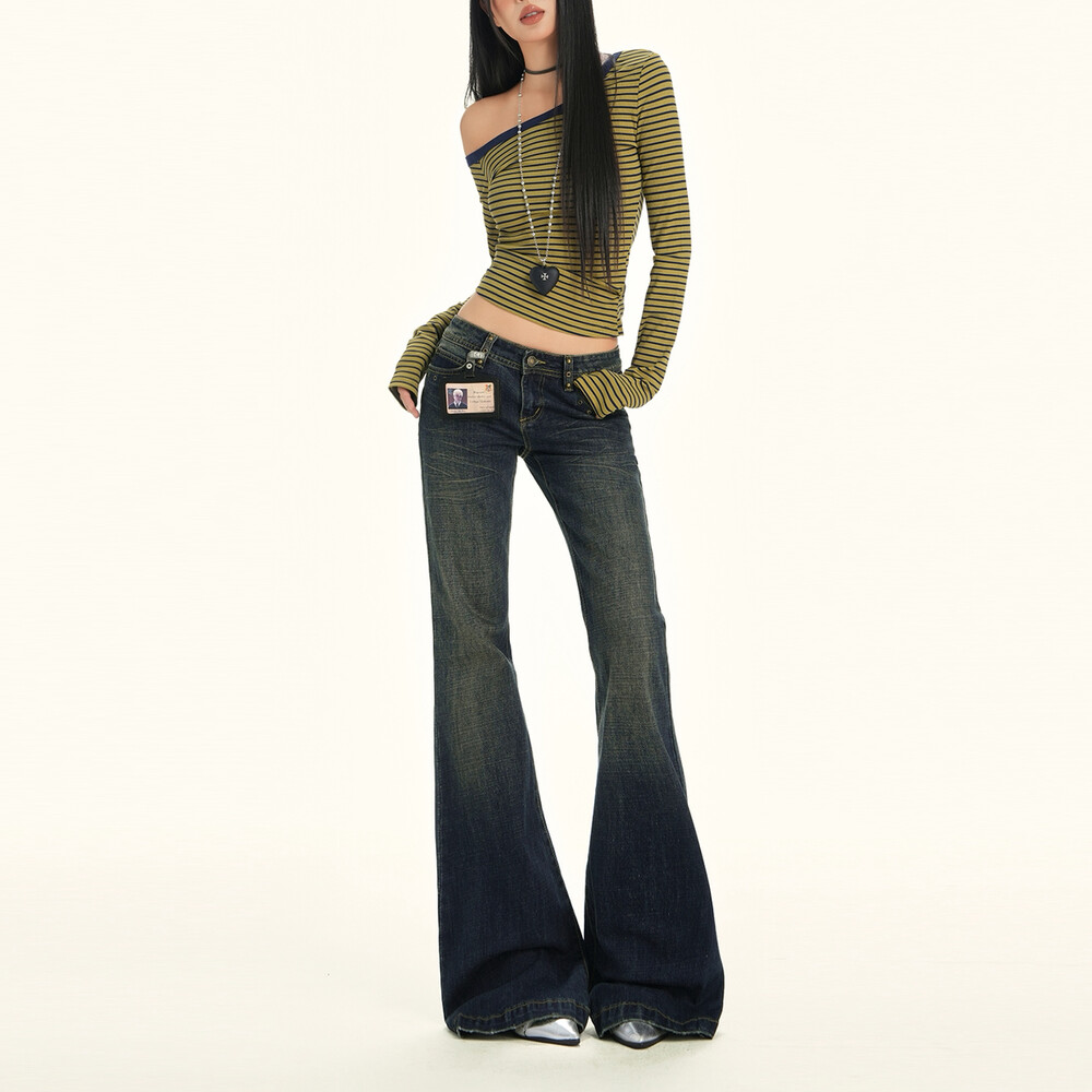 秋冬复古辣妹设计感低腰喇叭裤牛仔裤0306