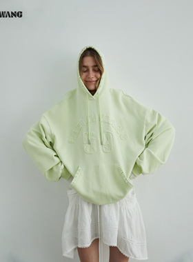 LEDIM WANG红标/贴布绣宽松套头连帽卫衣女25秋新款浅绿做旧上衣