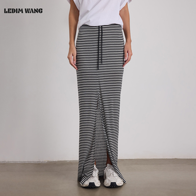 LEDIMWANG垂感条纹开叉半身长裙