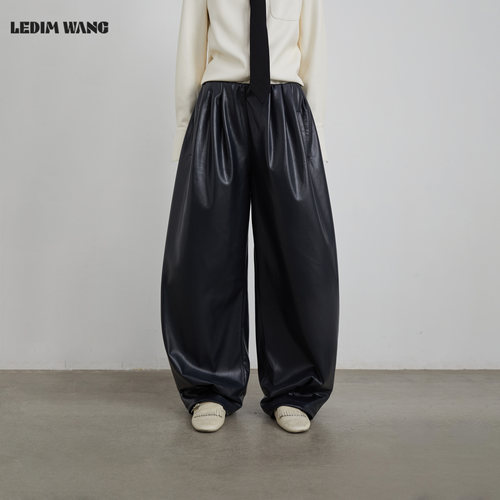 LEDIM WANG白标/慵懒垂感气球皮裤女25冬新款藏青色宽松阔腿长裤
