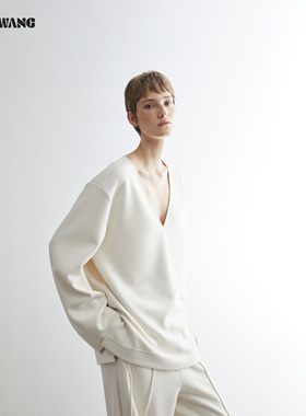 LEDIM WANG黑标/浮雕立体梗V领T恤女25秋冬新款迪木尔风长袖上衣