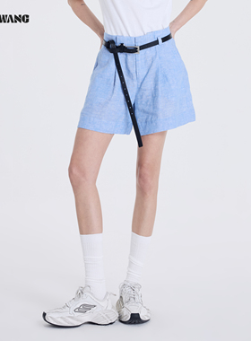 LEDIM WANG亚麻休闲裤女2026春夏新款蓝色松弛感通勤百搭薄款短裤