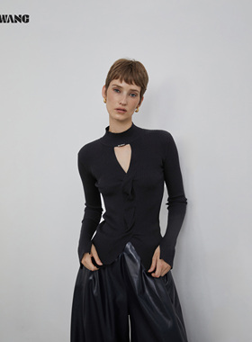 LEDIM WANG白标/镂空纽结V领毛针织衫女25秋冬新款修身黑色打底衫