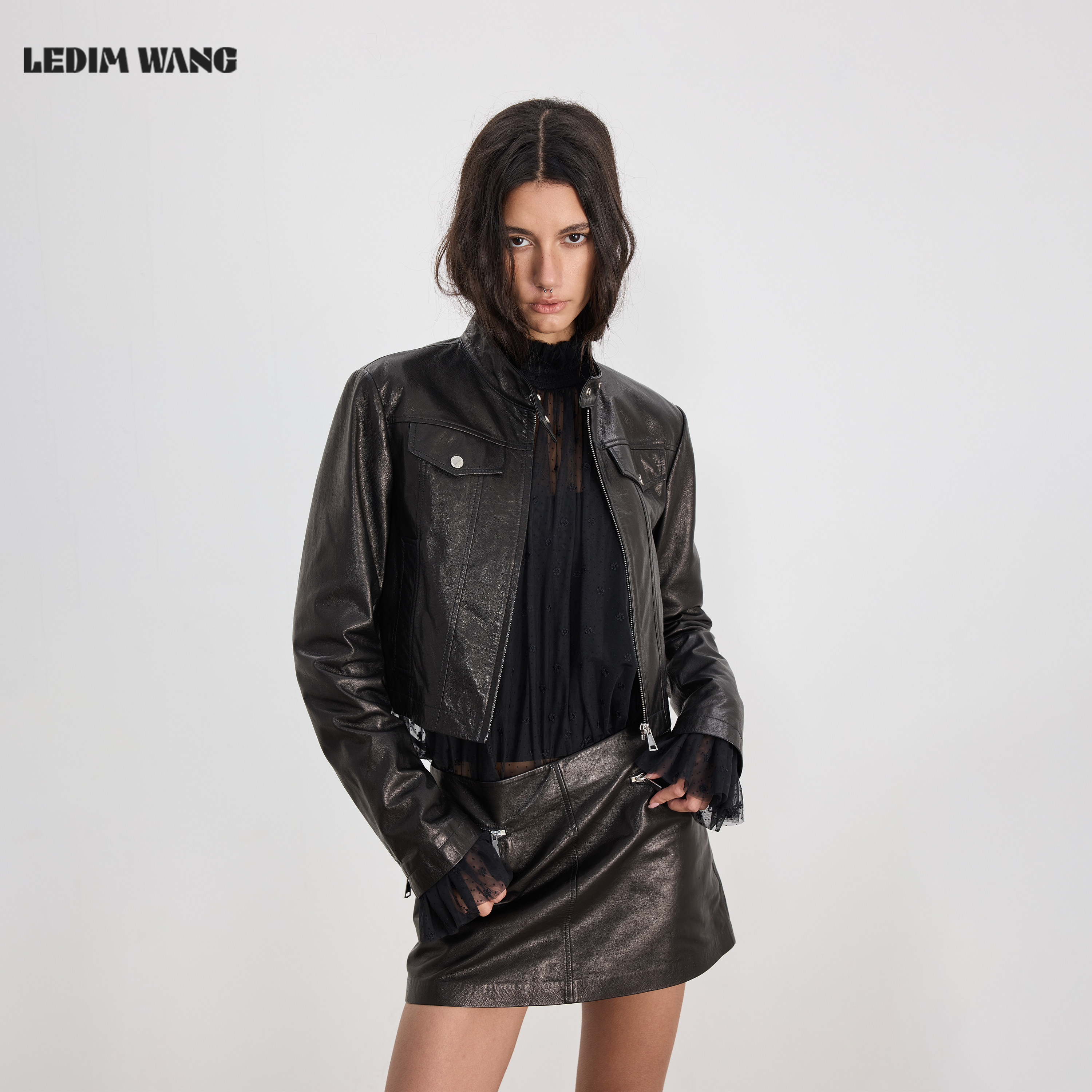 LEDIM WANG立领短款机车皮衣外套女2026春季新款真皮羊皮革哑光