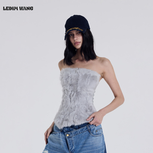 LEDIM WANG小湖羊皮毛一体抹胸皮草25冬新款灰色绒感紧身内搭上衣