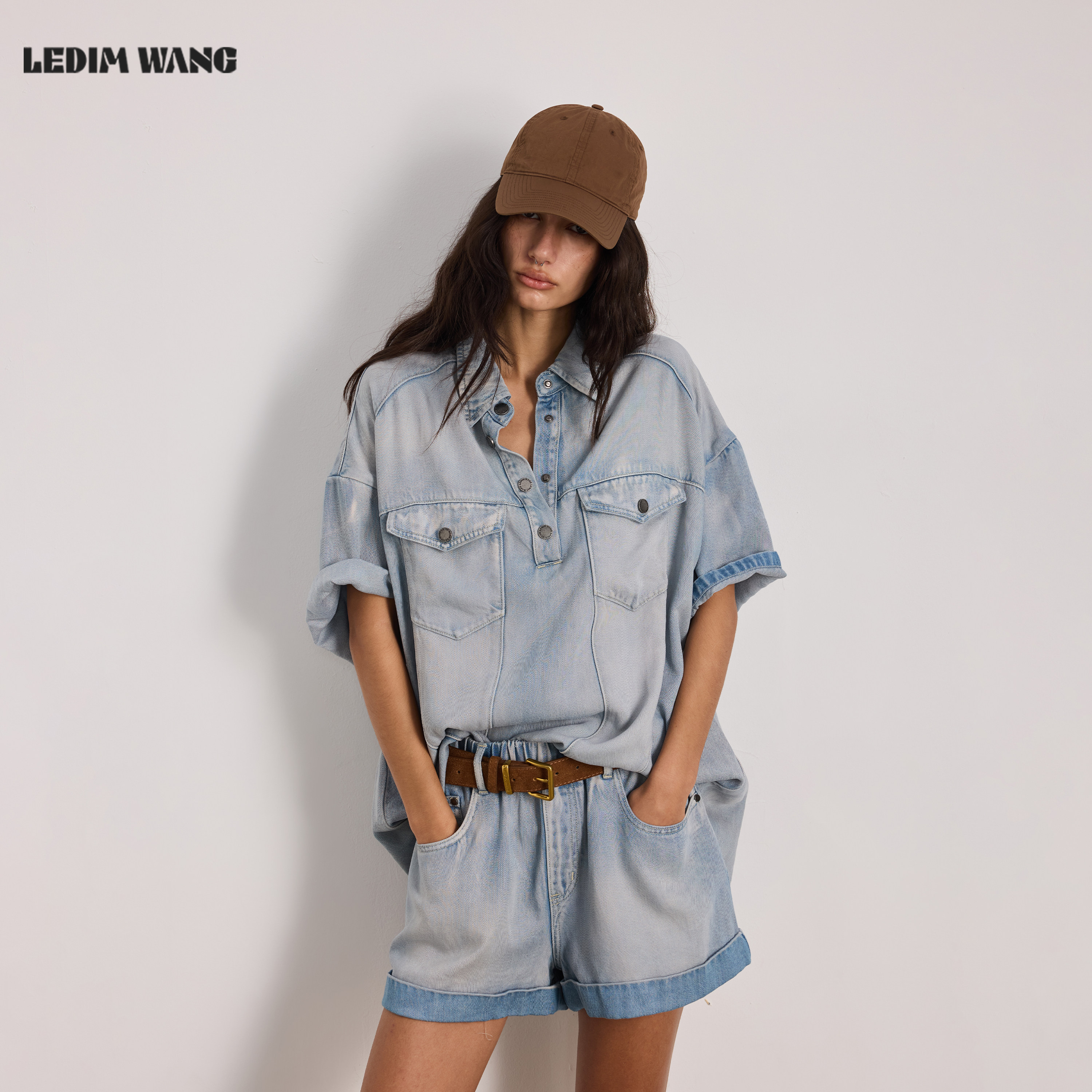 LEDIM WANG天丝凉感软牛仔衬衫女短袖莱赛尔宽松百搭衬衣26夏新款