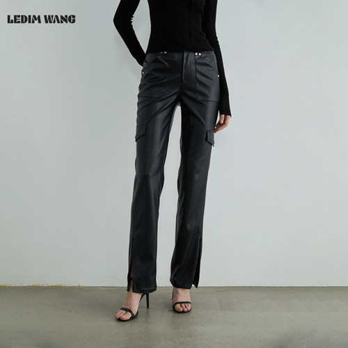 LEDIMWANG蛋白皮开叉直筒皮裤
