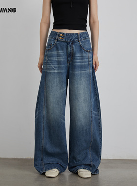 LEDIM WANG白标/松弛感宽腰阔腿牛仔裤女25冬季新款纯棉弯刀长裤