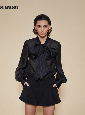 LEDIM WANG绑带蝴蝶结衬衫女轻奢高级感薄款黑色百搭宽松长袖衬衣