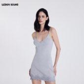 LEDIM 短裙 薄款 WANG蕾丝针织吊带连衣裙女2026春新款 灰色轻奢修身