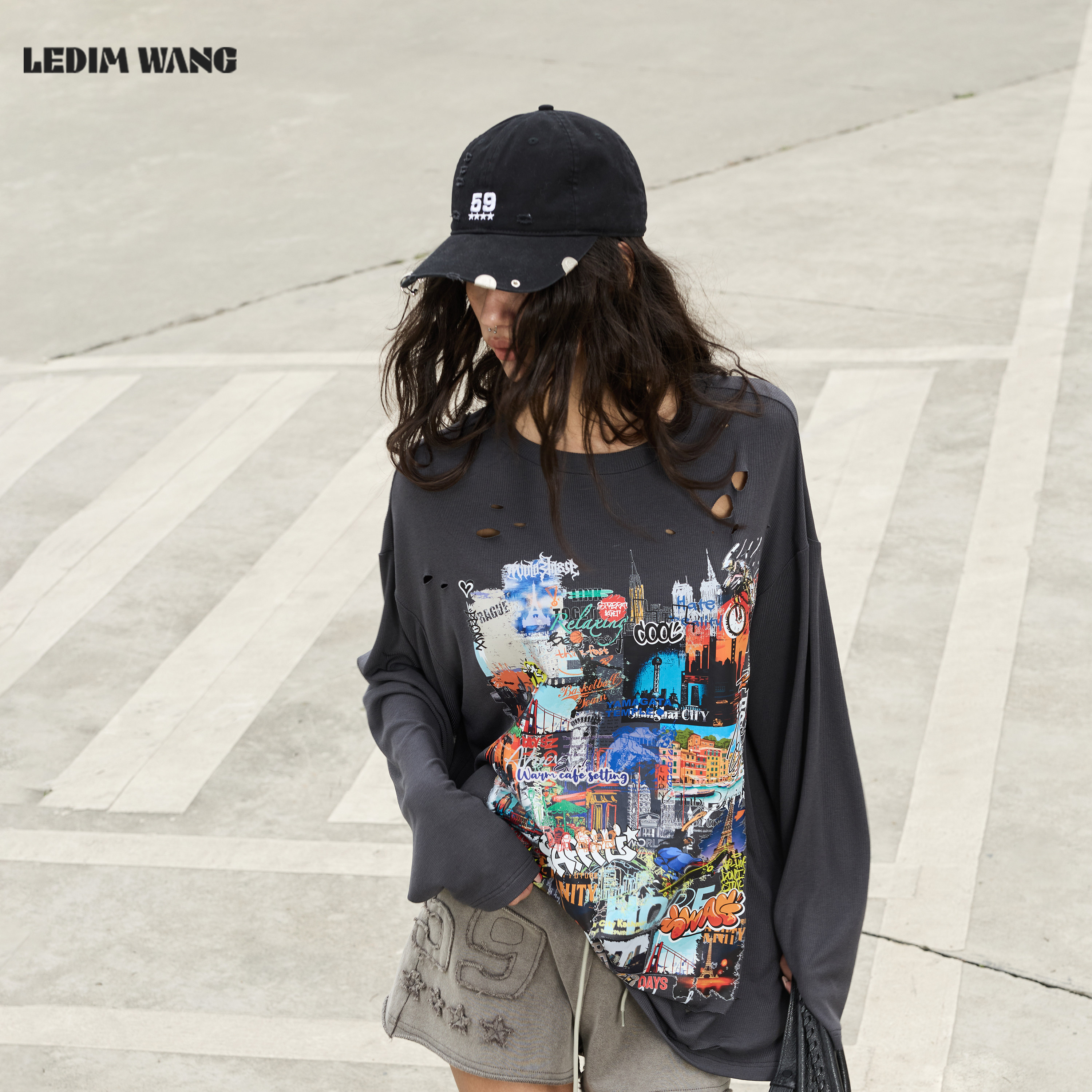 【明星同款】LEDIM WANG破洞印花T恤女灰色轻薄防晒上衣26夏新款