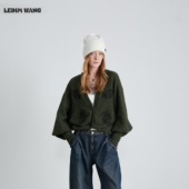 WANG羊腿袖 绣花毛衣开衫 长袖 LEDIM 茧型绿色女25秋冬新款 复古宽松