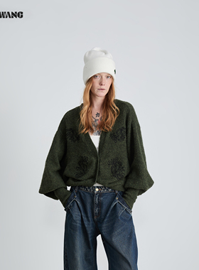 LEDIM WANG羊腿袖绣花毛衣开衫长袖茧型绿色女25秋冬新款复古宽松